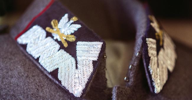 Kołnierz brązowego munduru z bordowymi patkami, srebrny haft i złoty guzik