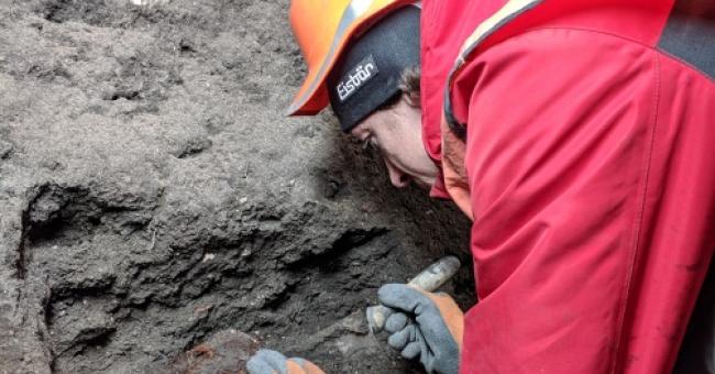 Fotografia archeologa w czerwonej kurtce i kasku, dłonie w rękawicach badające skałę